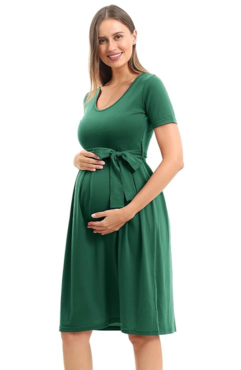 Casual Maternity Swing Dress Pregnancy Clothes Knee Length with Belt