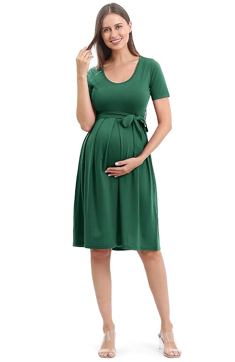 Casual Maternity Swing Dress Pregnancy Clothes Knee Length with Belt
