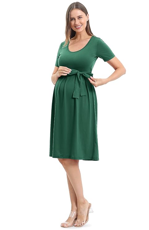 Casual Maternity Swing Dress Pregnancy Clothes Knee Length with Belt